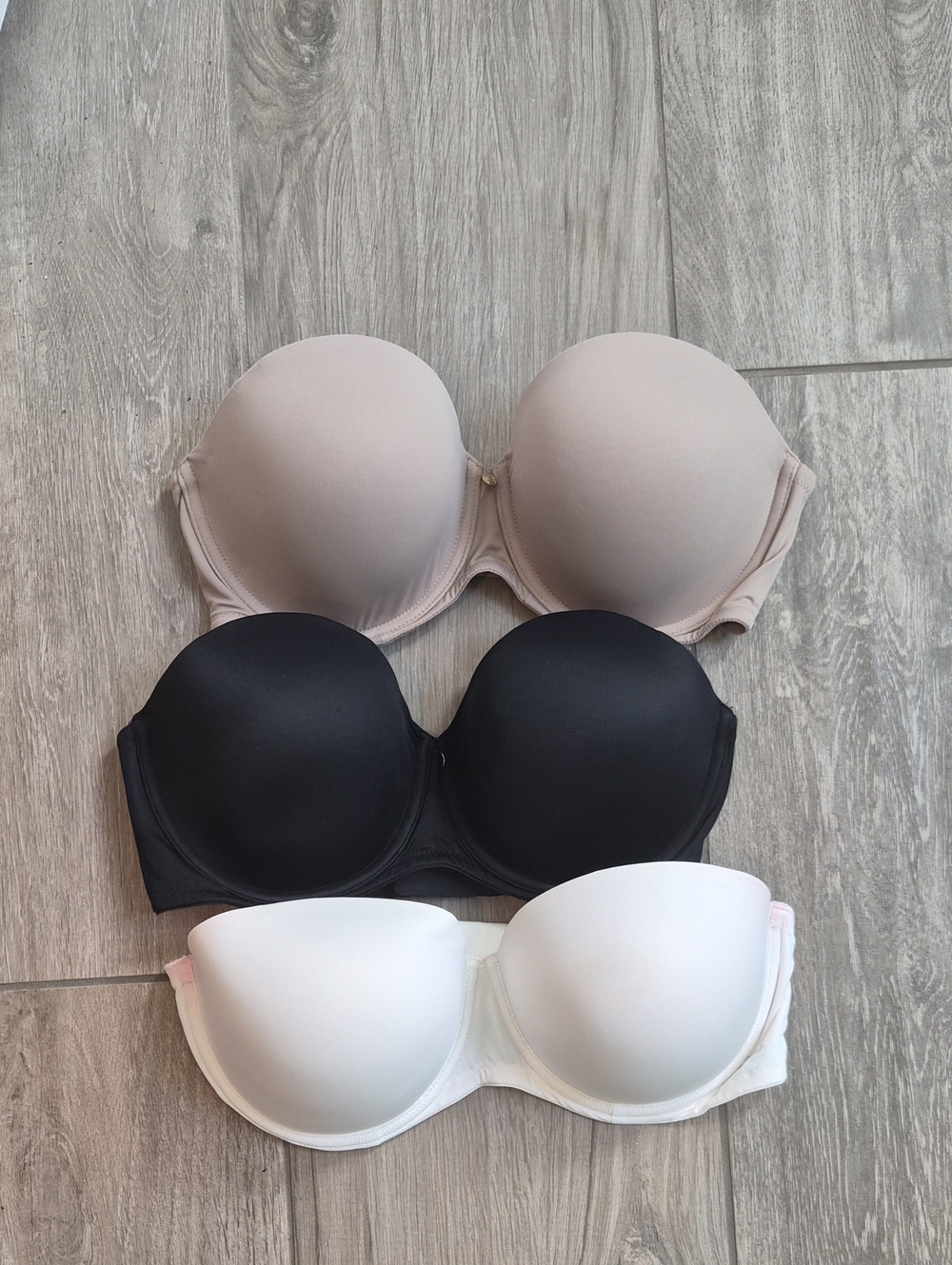 36DD PINK and Pearl Strapless Bandeau Bras Trio in Nude, Black & White
